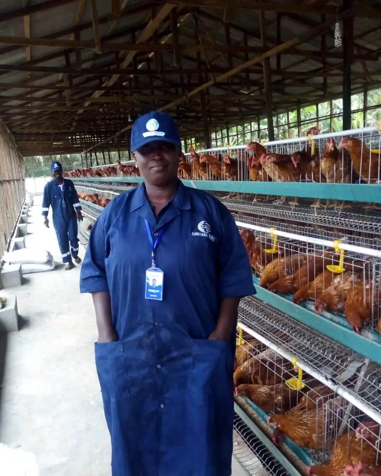 A team member in a Caritana Farms smock and ID badge on the laying house floor
