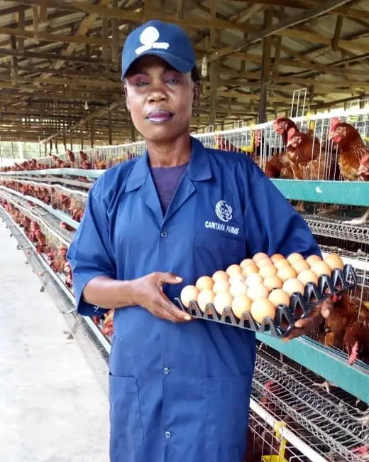 A team member in a Caritana Farms smock holding a tray of eggs